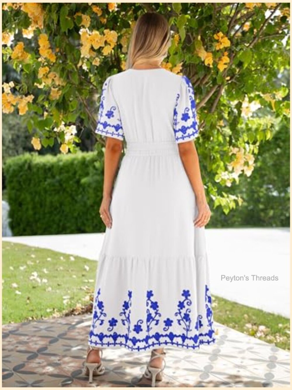 Women's Maxi Dress Short Sleeve V-Neck Embroidery Floral Boho Wedding Guest - Picture 4 of 7